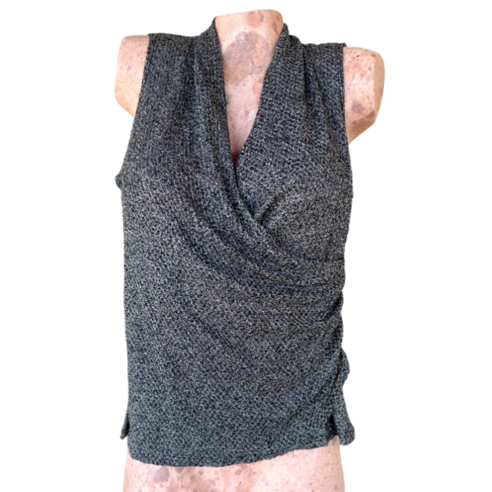 Metallic V-neck Faux Wrap Side Cinched Sleeveless Top M